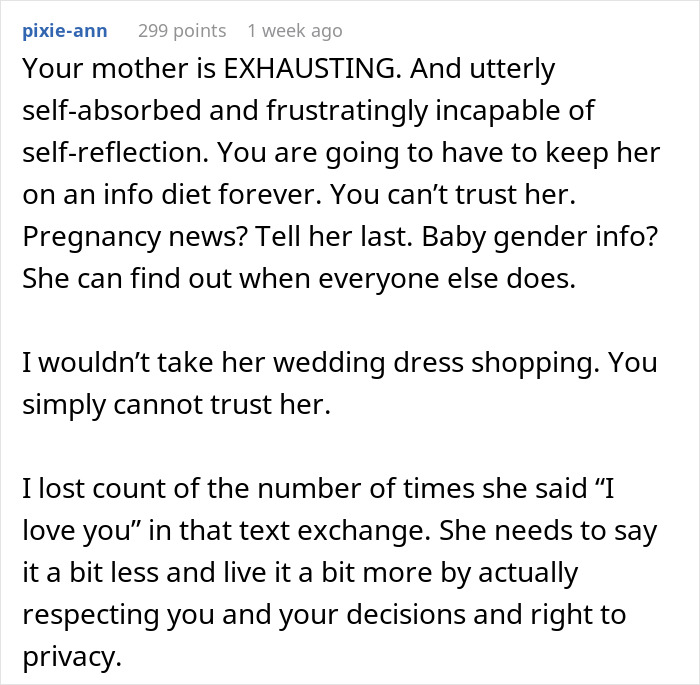 Bride cuts mom off from key wedding plans after mom turns proposal into overwhelming family update. Bride cuts mom off from key wedding plans after mom turns proposal into overwhelming family update.