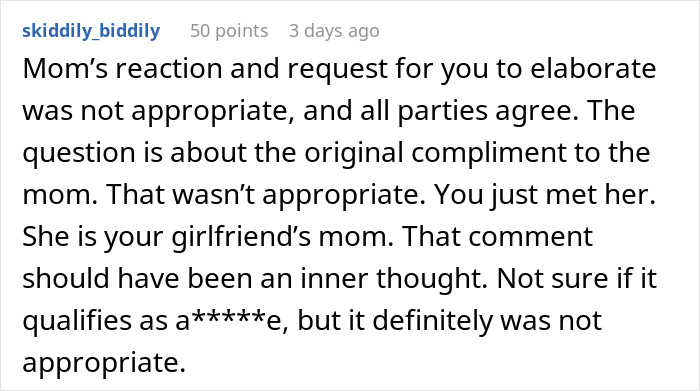 Reddit comment discussing a man&rsquo;s compliment to girlfriend&rsquo;s mom and the resulting inappropriate behavior debate.