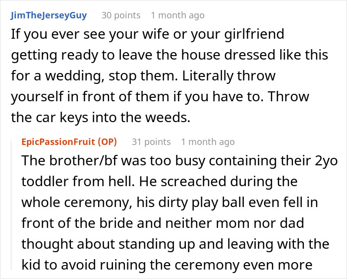 Comments discussing groom's brother's girlfriend wearing sage green dress to wedding and reactions to it being white wedding dress.
