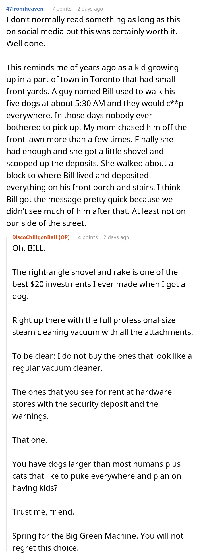 Reddit comments sharing petty revenge stories involving entitled dog owners and cleaning up after pets&rsquo; messes.