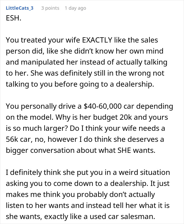 Husband drags wife out of car dealership before she shows him the car she wants to buy.
