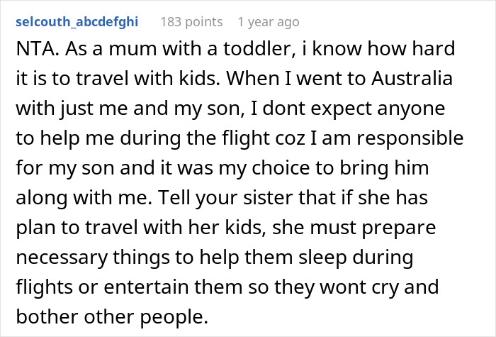 Comment about mom taking kids on a long flight, sharing advice on managing kids during travel and handling lack of help.
