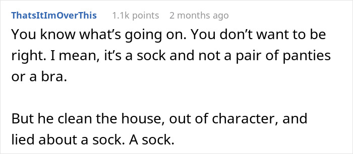 Comment text discussing a mysterious sock found at home and the boyfriend&rsquo;s surprising reaction about it.