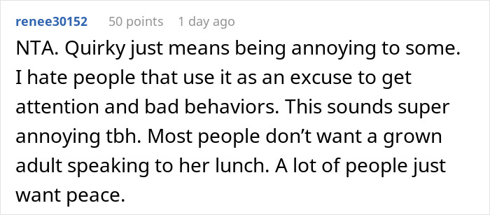 Comment on worker confronting woman over bizarre lunchtime ritual, discussing office criticism and annoyance.