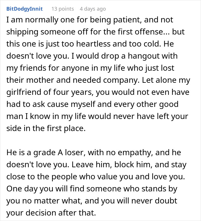 Comment expressing heartbreak and betrayal after a boyfriend's true character revealed following mother's death