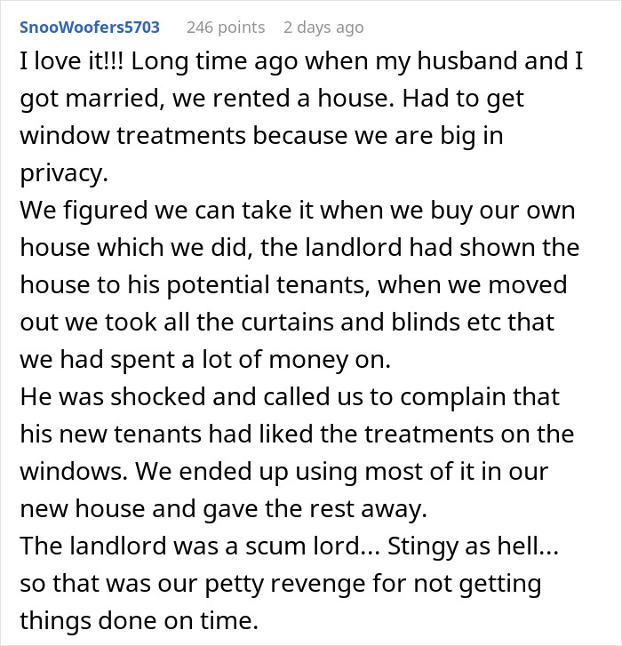 Comment about landlord&rsquo;s daughter wanting to claim a house, facing an unexpected surprise involving window treatments and tenant disputes.