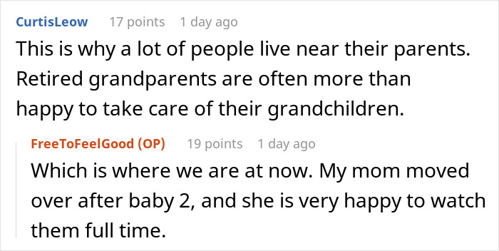 Reddit comments discussing babysitters and grandparents providing full-time childcare and living wage issues.