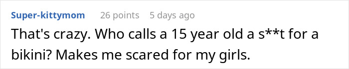 Comment discussing concern about a 15-year-old wearing a bikini in own yard and its impact on safety.