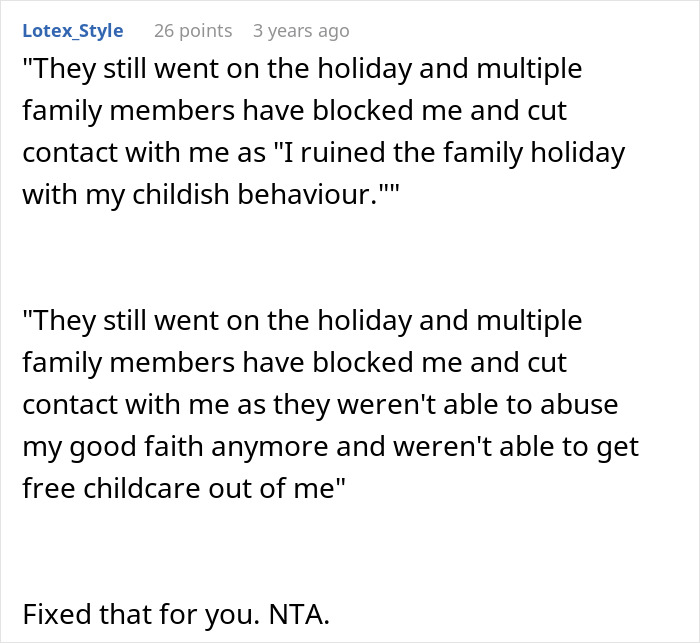 Comment discussing a childfree woman refusing to provide daycare during a family vacation to avoid being taken advantage of.