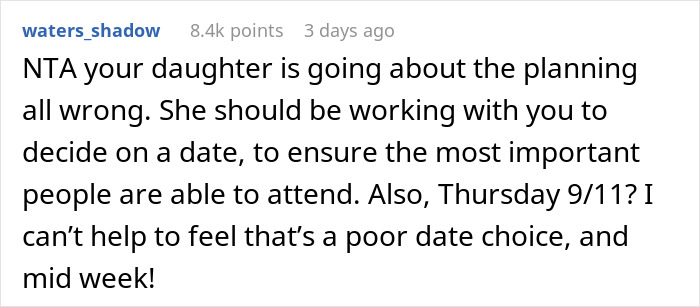 Comment discussing daughter's wedding planning issues and concerns about the chosen date being a poor midweek choice.