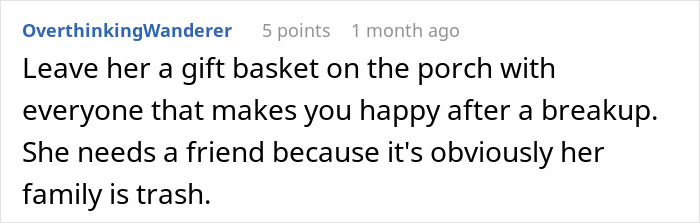 Comment suggesting leaving a gift basket on the porch to support a woman after discovering husband cheating with sister.