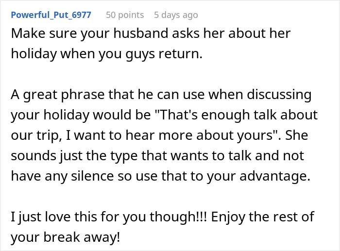 Reddit comment advising a clever secret plan to outsmart a stalker MIL trying to gatecrash a couple&rsquo;s vacation.