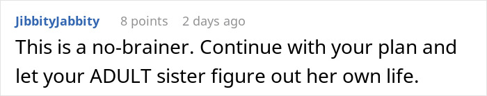 Comment discussing a family dispute where a sister demands $33k, saying another sister needs it more than her.