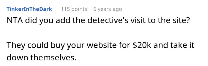 Screenshot of an online comment discussing a man wrongfully jailed who refuses to take down website calling out detective.