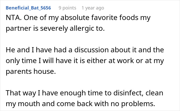 Comment explaining a partner&rsquo;s severe allergy to peanut butter and eating peanut butter cake only at work or parents&rsquo; house.