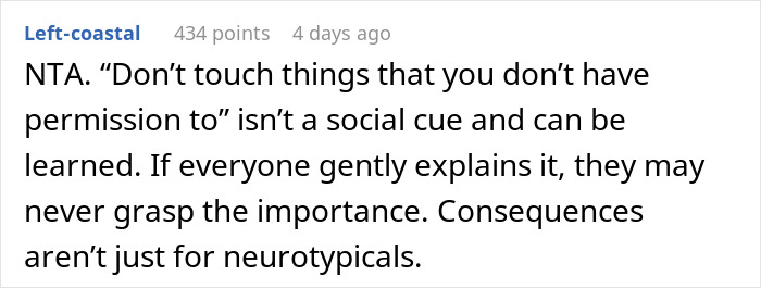 Text comment on a social platform explaining the importance of respecting boundaries for neurodivergent individuals.