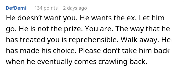 Comment warns a woman questioning her marriage after husband leaves to care for his terminally ill ex-wife.