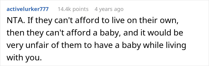 Comment on relationship conflict with parents forbidding daughter to have a baby under their roof.