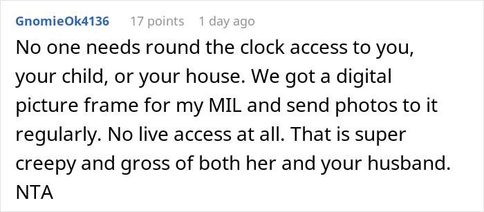 Comment discussing mom disabling MIL&rsquo;s baby cam access due to concerns about constant spying and privacy invasion.