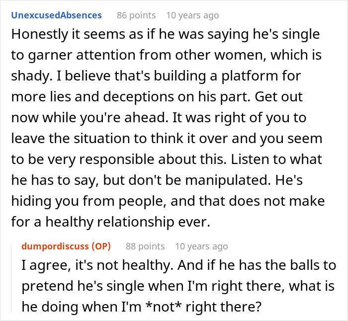 Screenshot of a Reddit conversation discussing a guy pretending to be single and making excuses when confronted by his girlfriend.