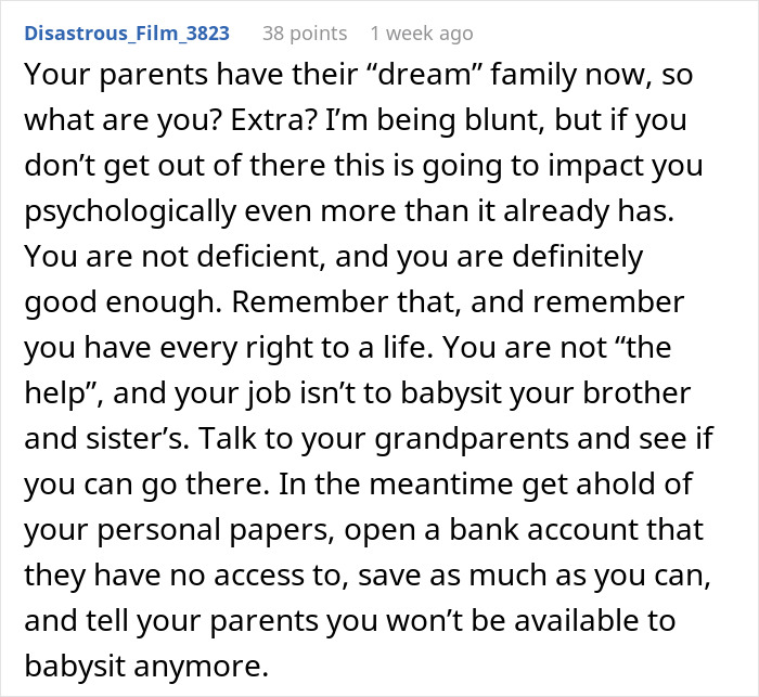Comment advising older son to stop babysitting siblings, highlighting parents obsessed with having kids and forcing responsibility.