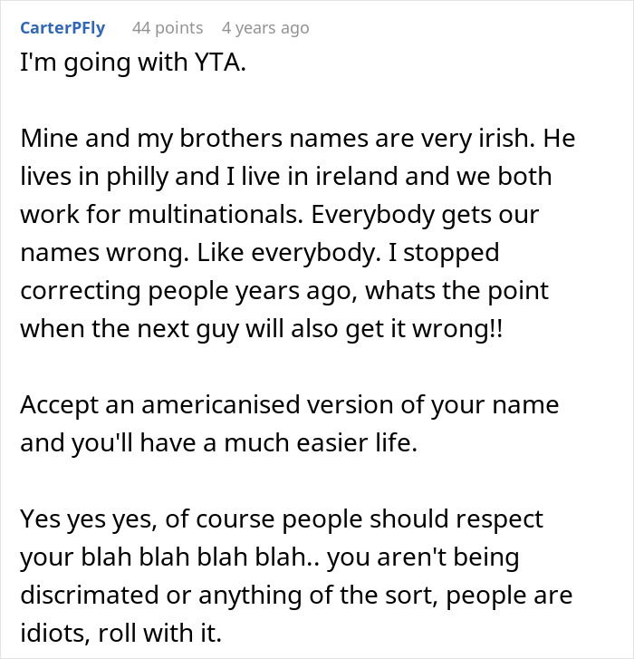 Screenshot of online comment discussing refusal to change surname for American coworkers and respect for cultural identity. - 33