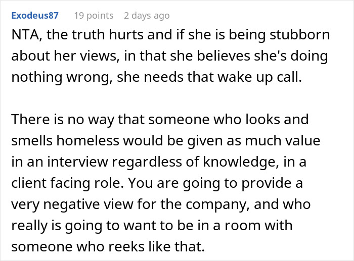 Comment discussing a woman blaming sexism for job rejection, receiving a brutal reality check from her sister.