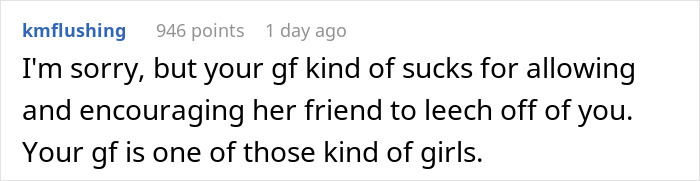 Text comment about a woman&rsquo;s friend using her boyfriend as an ATM, highlighting frustrations over being called broke.