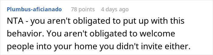 Screenshot of a Reddit comment stating no obligation to accept behavior or welcome uninvited guests in a home after hearing aids incident.