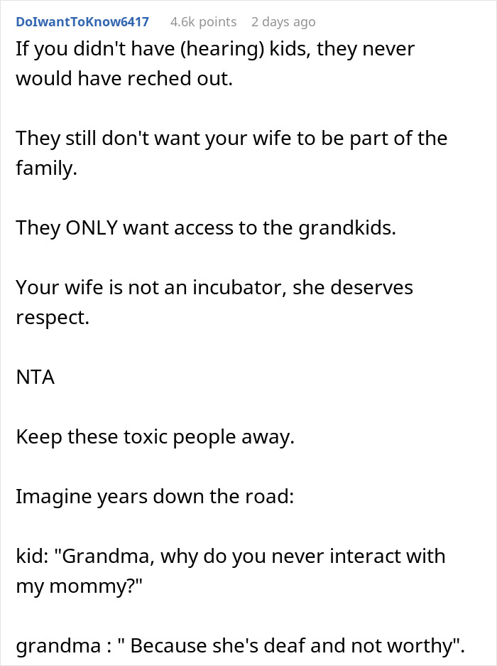 Comment from user advising to defend wife and cut off toxic parents, emphasizing respect and family boundaries.