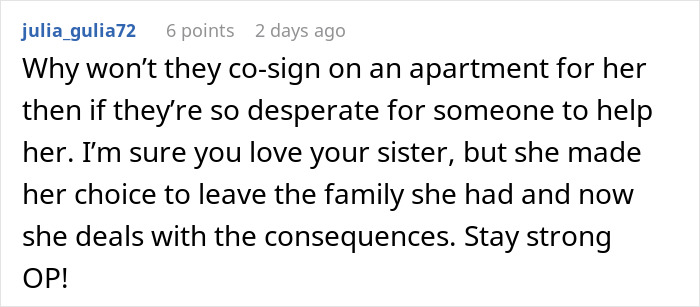 Comment on family conflict over $33k demand, discussing sister&rsquo;s needs and consequences of family choices.