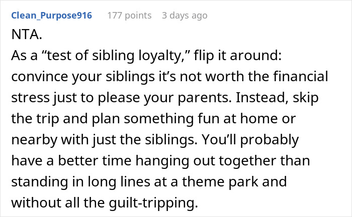 Comment suggesting skipping Christmas gift trip to avoid financial stress and sibling guilt-tripping over flight costs.