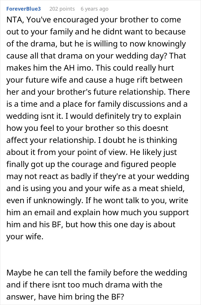 Comment discussing man urging gay brother to come out and family dynamics before the wedding day drama. Comment discussing man urging gay brother to come out and family dynamics before the wedding day drama.