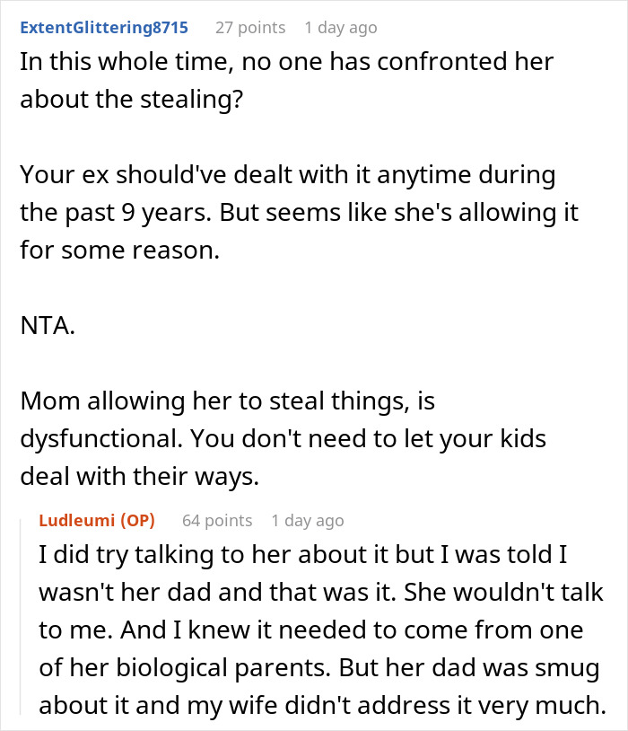 Comment discussion on marriage issues involving refusal to let wife's daughter live with his kids causing family conflict.