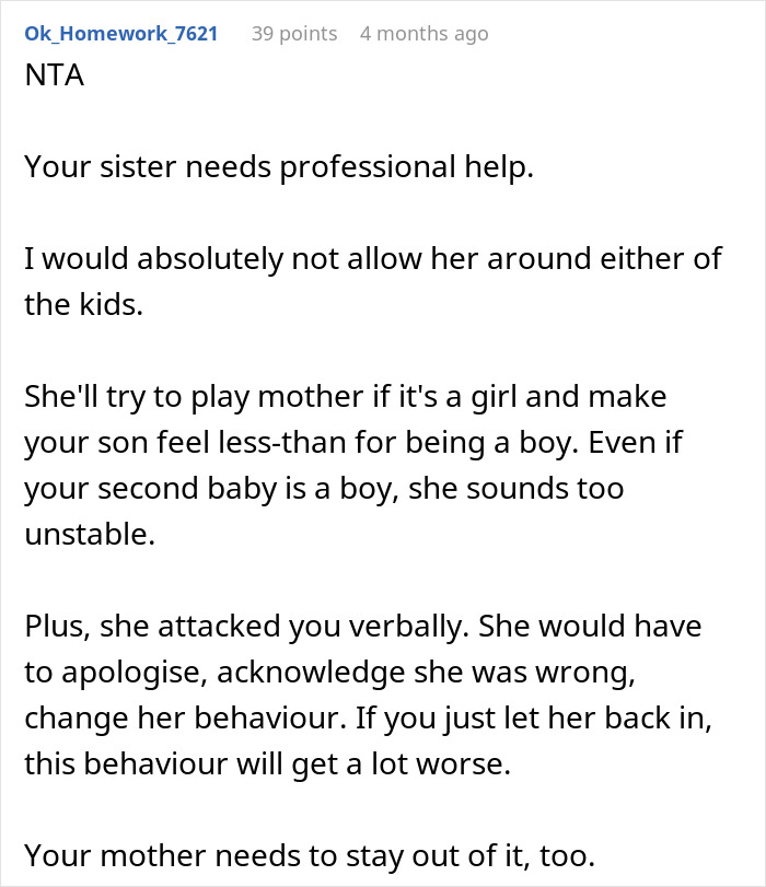 Screenshot of a Reddit comment advising a mom of 6 boys about her sister’s unstable behavior and concerns over expecting a girl. - 27