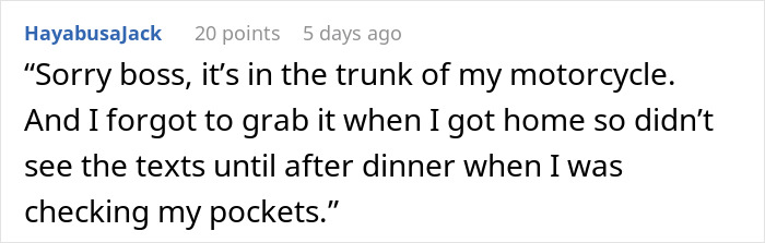Comment text showing an employee joking about forgetting their phone due to a manager banning phones during work hours. Comment text showing an employee joking about forgetting their phone due to a manager banning phones during work hours.