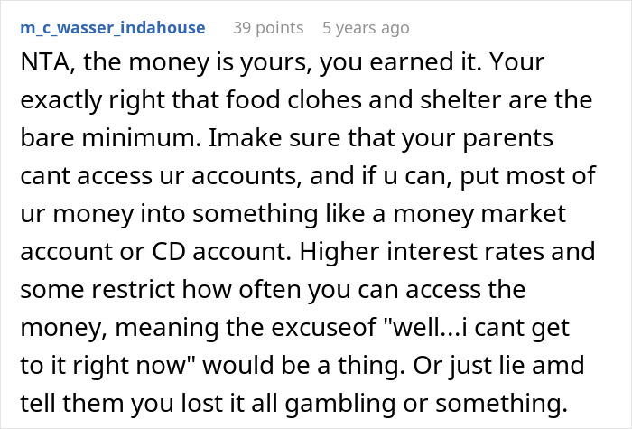 Screenshot of online comment advising a woman to protect her savings from parents by using secure accounts like money market or CD accounts.