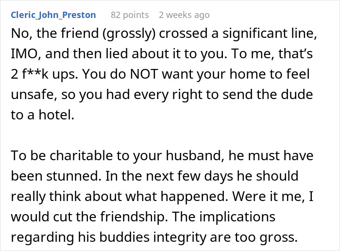 Comment discussing a friend&rsquo;s compliment causing discomfort, with wife insisting hotel stay, husband disagreeing.