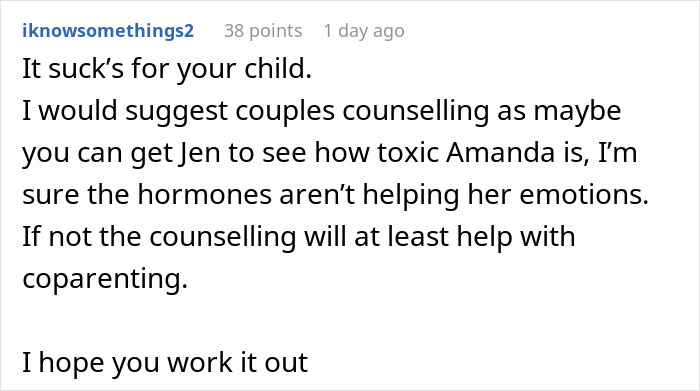Comment discussing couples counseling for a man giving pregnant girlfriend an ultimatum over insecurities and emotions.