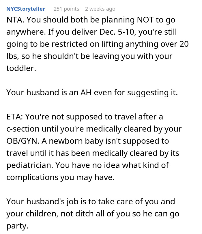 Screenshot of a Reddit comment discussing a husband asking wife&rsquo;s permission to travel alone after her scheduled C-section.