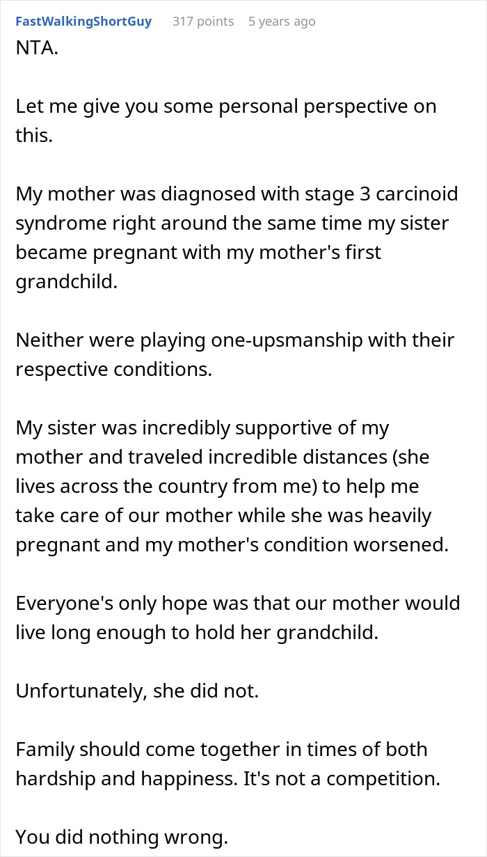 Screenshot of a Reddit comment sharing a personal story about family support and drama after devastating news.