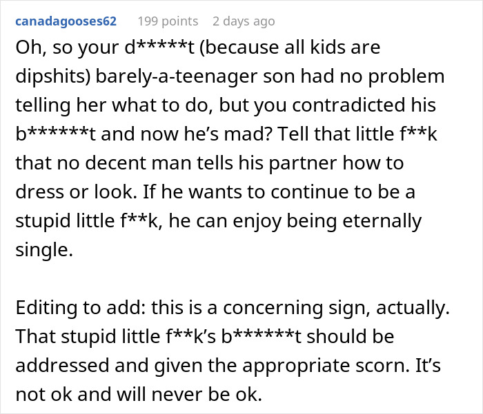 Screenshot of a Reddit comment discussing a teenager's reaction to his mom suggesting his Black girlfriend dress more comfortably.