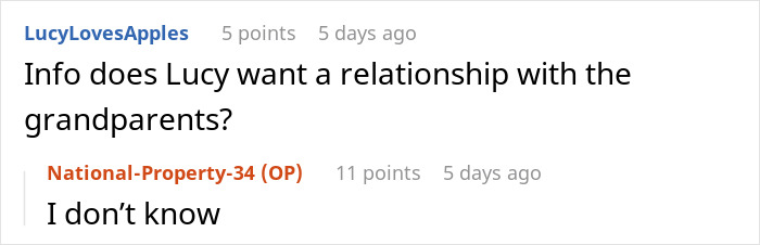 Screenshot of an online conversation discussing a woman telling her dad&rsquo;s affair baby the reason grandparents don&rsquo;t see her.