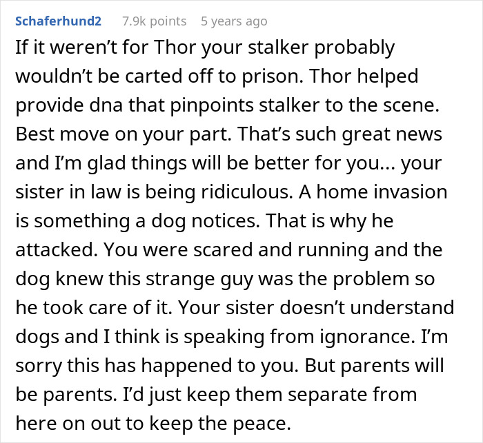 Comment explaining how dog attacks stalker who broke into home and is now labeled too dangerous to be around kids. Comment explaining how dog attacks stalker who broke into home and is now labeled too dangerous to be around kids.