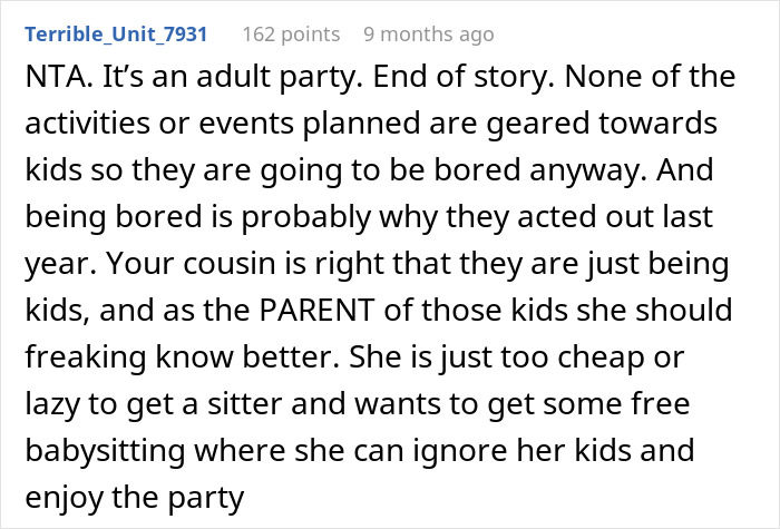Comment discussing a mom refusing to get a babysitter for a Halloween party, leading to kids being bored and acting out. - 21