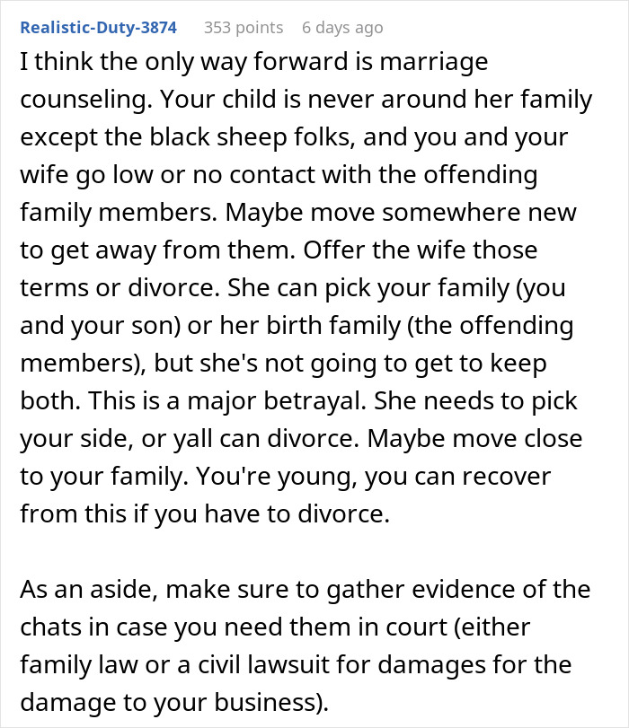 Comment discussing marriage counseling and banning family after learning about cyber-bullying involving man's wife’s family. - 43