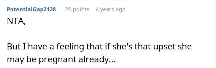 Screenshot of an online comment discussing a daughter possibly being pregnant and parents forbidding a baby under their roof.