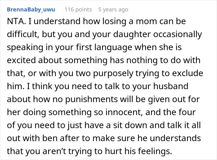 Reddit comment discussing stepdad suggesting punishment for kid using native language his son can't understand, mom horrified.