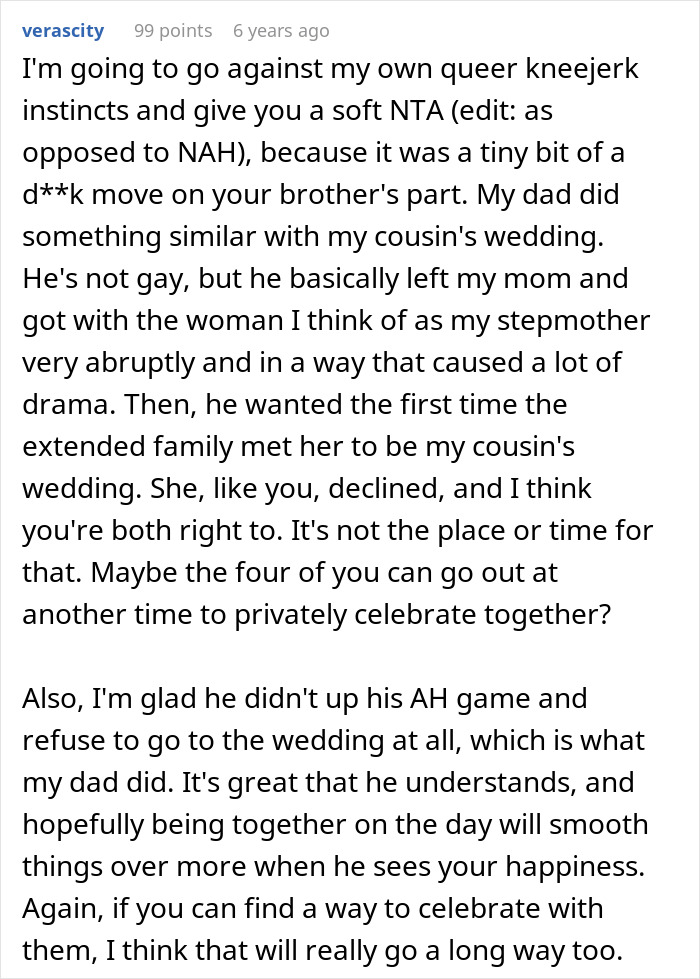 Comment discussing family drama involving a man urging his gay brother to come out and wedding-related conflicts. Comment discussing family drama involving a man urging his gay brother to come out and wedding-related conflicts.