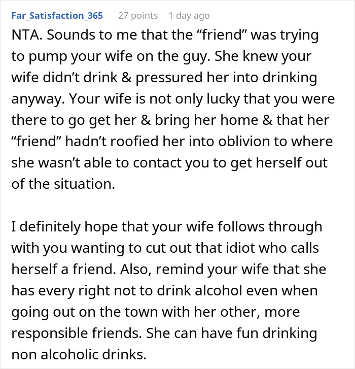 Comment discussing a friend pressuring a wife to drink, leading to a drunk hookup with another man and its consequences. Comment discussing a friend pressuring a wife to drink, leading to a drunk hookup with another man and its consequences.